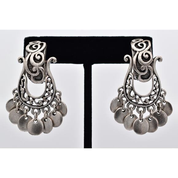 Vintage Coin Clip On Earrings Dangle Gypsy Chunky Door Knockers 1980s BinAF - Picture 1 of 12